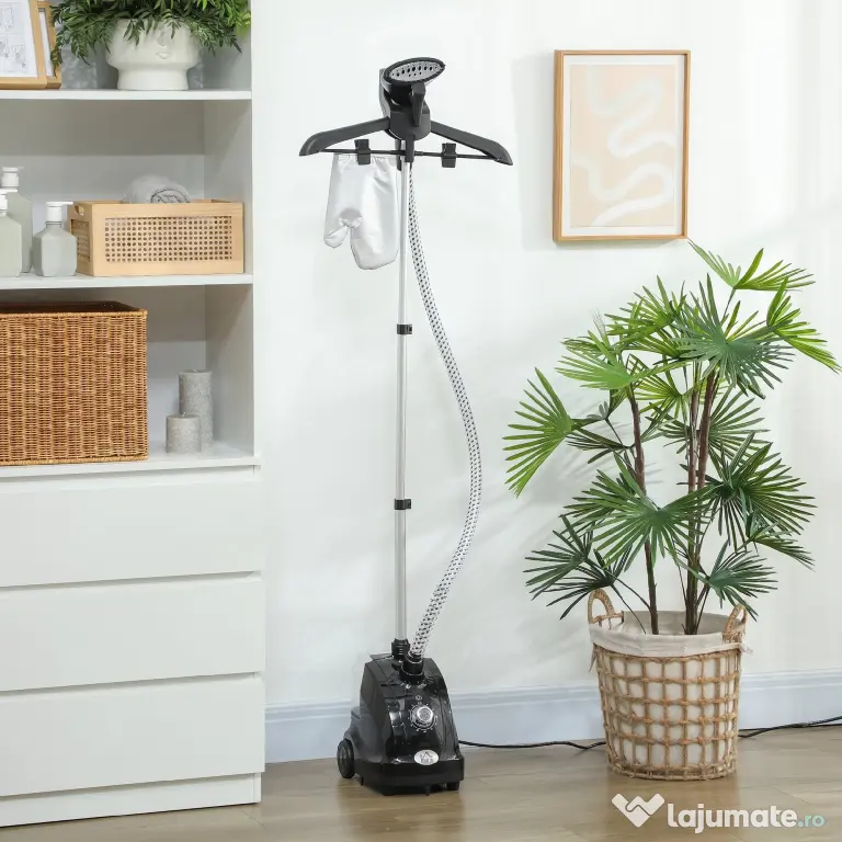 HOMCOM Aparat de Călcat Vertical cu Abur de 1.4L cu Bară Extensibilă și 2 Roți, din ABS și PP, 26x21.5x29 cm, Negru