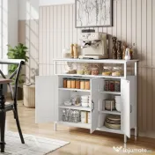 HOMCOM Bufet de Bucătărie cu Raft Deschis și 2 Dulapuri, Mobilier de Bucătărie cu Rafturi Ajustabile din Lemn, Bufet pentru Hol, Sufragerie și Sala de Mese, 100x35x88 cm, Alb | Aosom Romania 