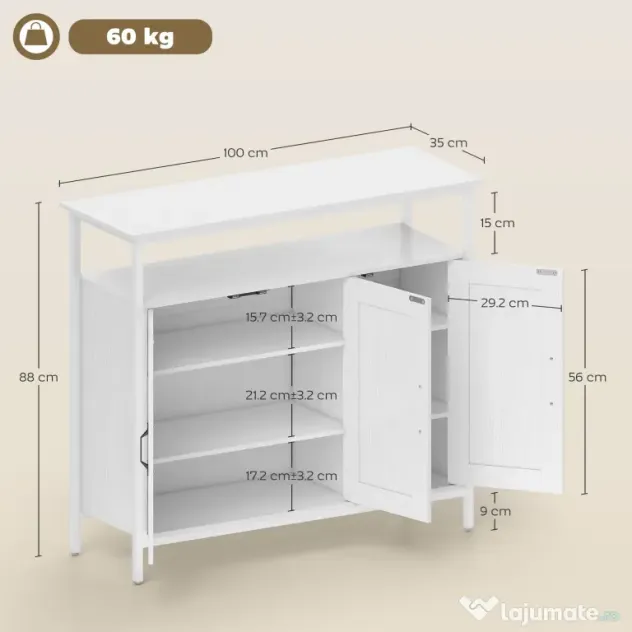 HOMCOM Bufet de Bucătărie cu Raft Deschis și 2 Dulapuri, Mobilier de Bucătărie cu Rafturi Ajustabile din Lemn, Bufet pentru Hol, Sufragerie și Sala de Mese, 100x35x88 cm, Alb | Aosom Romania