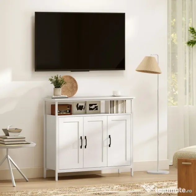 HOMCOM Bufet de Bucătărie cu Raft Deschis și 2 Dulapuri, Mobilier de Bucătărie cu Rafturi Ajustabile din Lemn, Bufet pentru Hol, Sufragerie și Sala de Mese, 100x35x88 cm, Alb | Aosom Romania