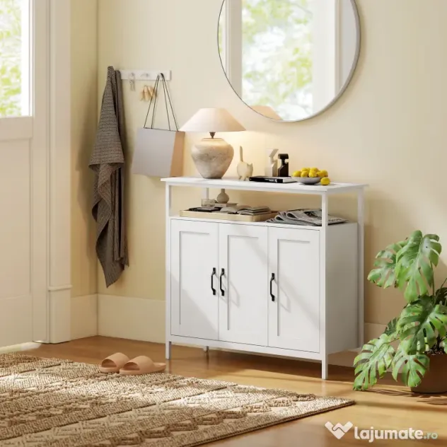 HOMCOM Bufet de Bucătărie cu Raft Deschis și 2 Dulapuri, Mobilier de Bucătărie cu Rafturi Ajustabile din Lemn, Bufet pentru Hol, Sufragerie și Sala de Mese, 100x35x88 cm, Alb | Aosom Romania