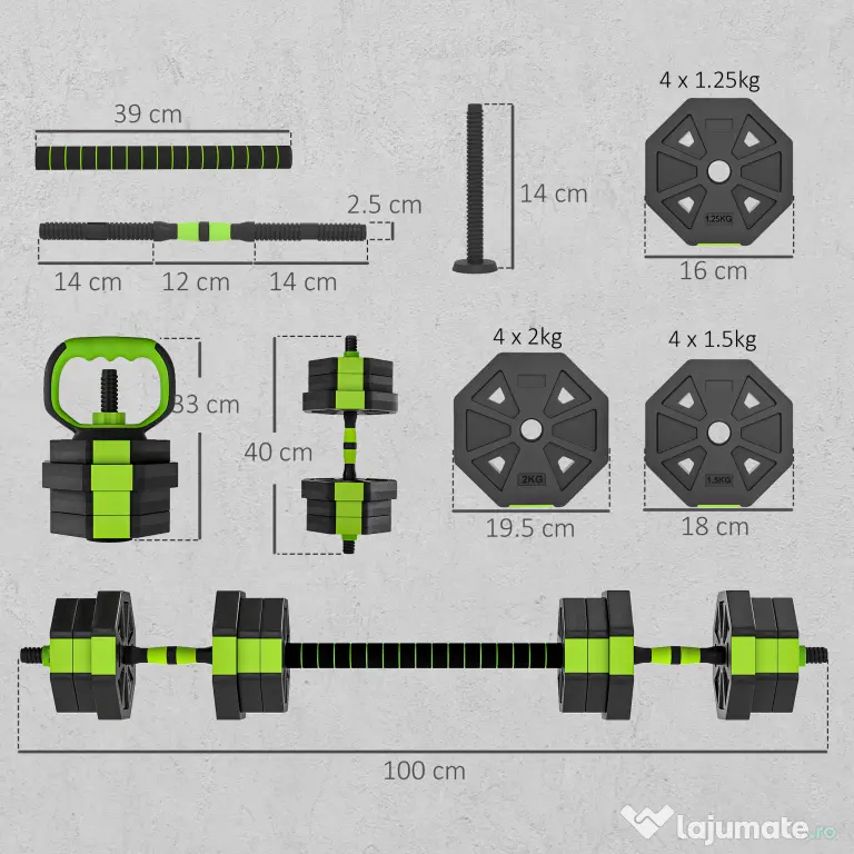 SPORTNOW Set Greutăți Sală 6-în-1, Multifuncțional, 20 kg, Plastic și Nisip, 125x18x18 cm, Verde | Aosom Romania