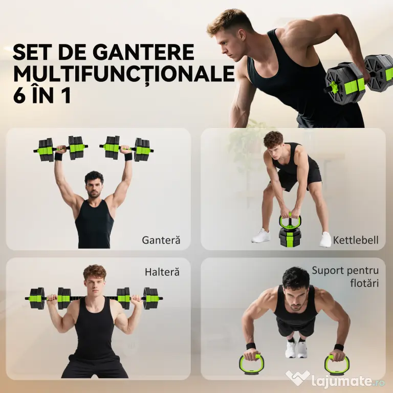 SPORTNOW Set Greutăți Sală 6-în-1, Multifuncțional, 20 kg, Plastic și Nisip, 125x18x18 cm, Verde | Aosom Romania