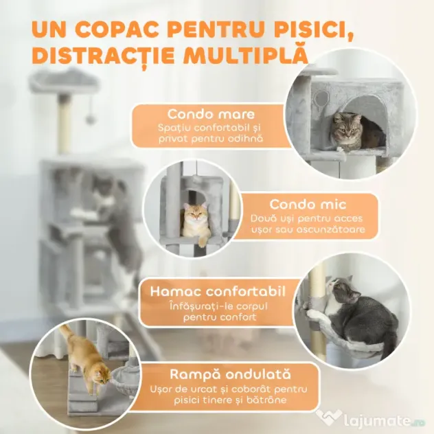 PawHut Arbore Zgâriător pentru Pisici Înalt de 140 cm cu 2 Căsuțe, Hamac, Pat și Stâlpi din Sisal, Gri | Aosom Romania