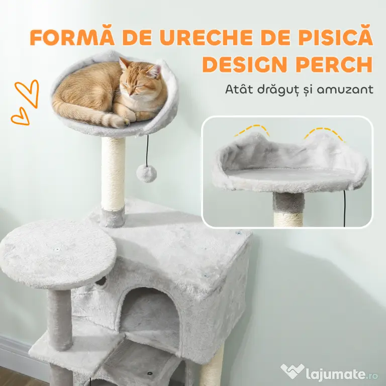 PawHut Arbore Zgâriător pentru Pisici Înalt de 140 cm cu 2 Căsuțe, Hamac, Pat și Stâlpi din Sisal, Gri | Aosom Romania