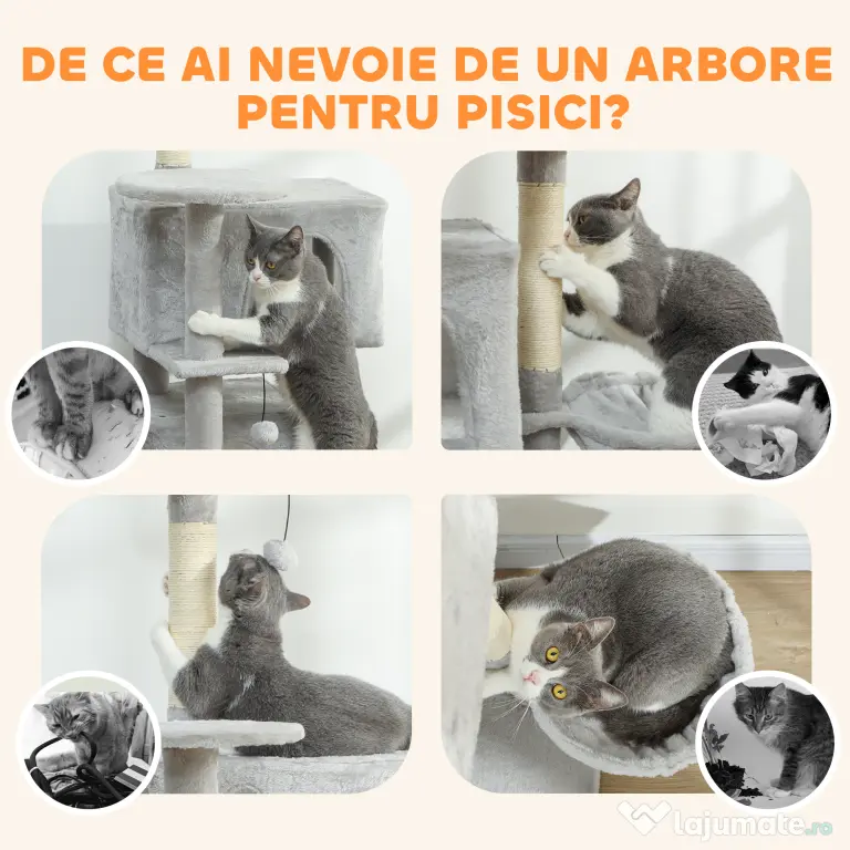 PawHut Arbore Zgâriător pentru Pisici Înalt de 140 cm cu 2 Căsuțe, Hamac, Pat și Stâlpi din Sisal, Gri | Aosom Romania