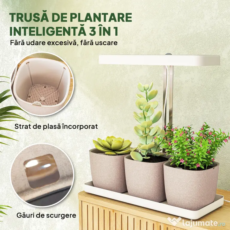 Outsunny Lampă pentru Plante cu 42 de Lumini LED și 3 Vase 45x18.8x47.8 cm Alb | Aosom Romania