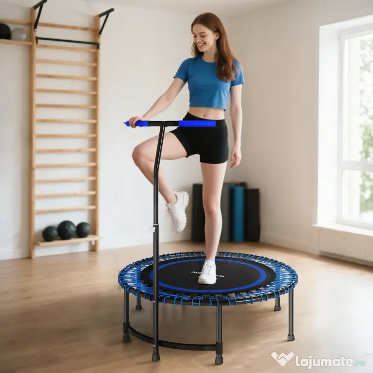 SPORTNOW Trambulină Fitness Ø145 cm cu Ghidon Reglabil pe 5 Poziții, 36 Arcuri Bungee și Capacitate 200 kg, Albastru
