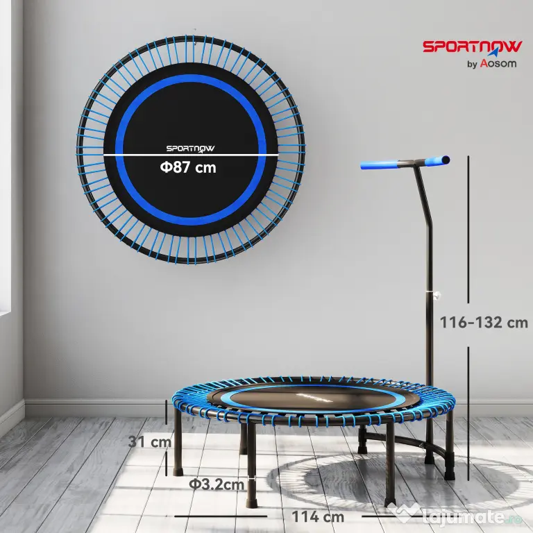 SPORTNOW Trambulină Fitness Ø145 cm cu Ghidon Reglabil pe 5 Poziții, 36 Arcuri Bungee și Capacitate 200 kg, Albastru
