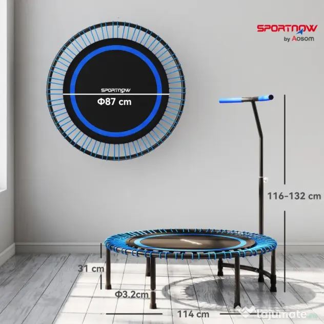 SPORTNOW Trambulină Fitness Ø145 cm cu Ghidon Reglabil pe 5 Poziții, 36 Arcuri Bungee și Capacitate 200 kg, Albastru
