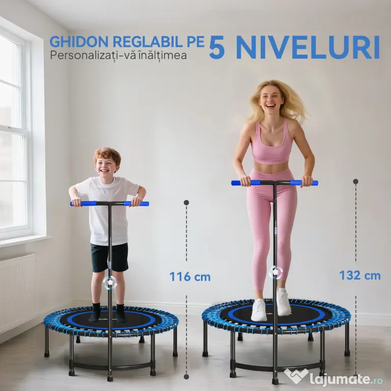 SPORTNOW Trambulină Fitness Ø145 cm cu Ghidon Reglabil pe 5 Poziții, 36 Arcuri Bungee și Capacitate 200 kg, Albastru