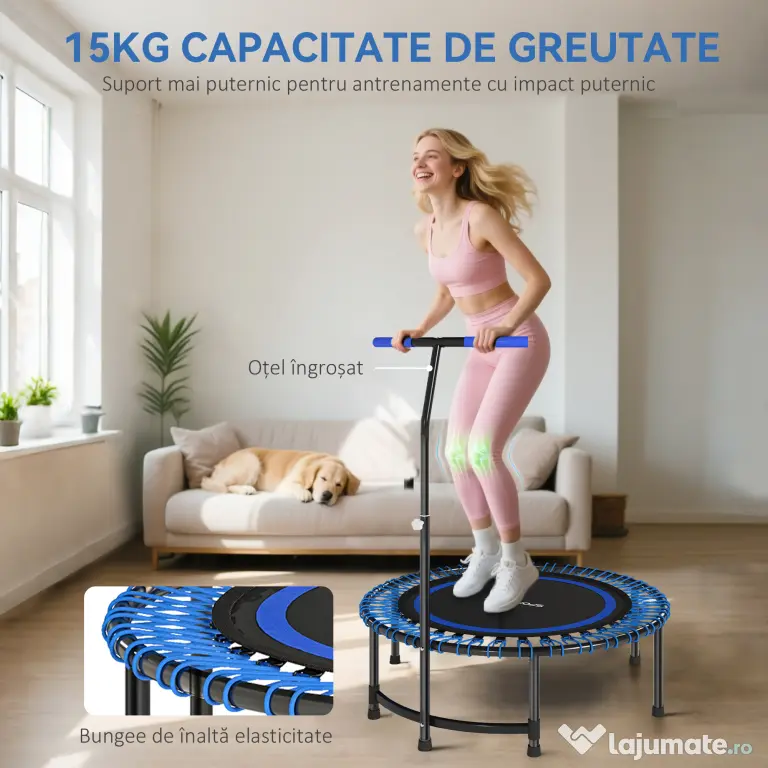 SPORTNOW Trambulină Fitness Ø145 cm cu Ghidon Reglabil pe 5 Poziții, 36 Arcuri Bungee și Capacitate 200 kg, Albastru