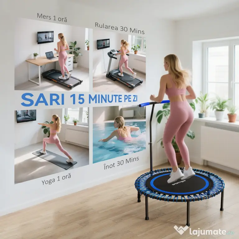 SPORTNOW Trambulină Fitness Ø145 cm cu Ghidon Reglabil pe 5 Poziții, 36 Arcuri Bungee și Capacitate 200 kg, Albastru