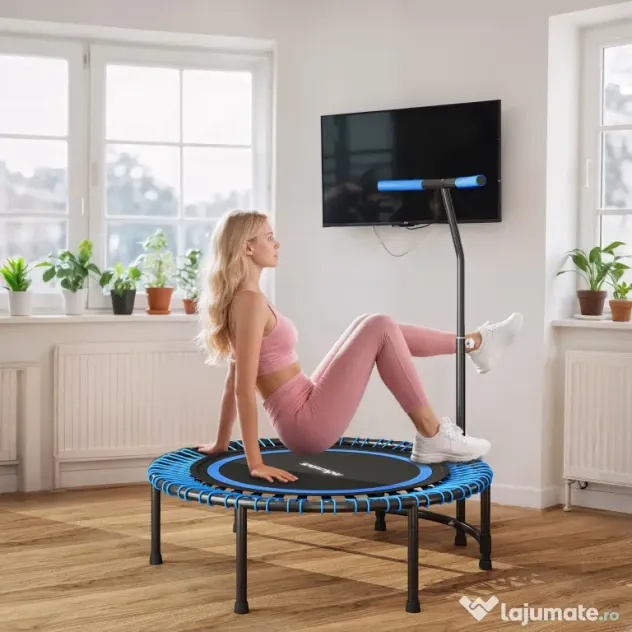 SPORTNOW Trambulină Fitness Ø145 cm cu Ghidon Reglabil pe 5 Poziții, 36 Arcuri Bungee și Capacitate 200 kg, Albastru