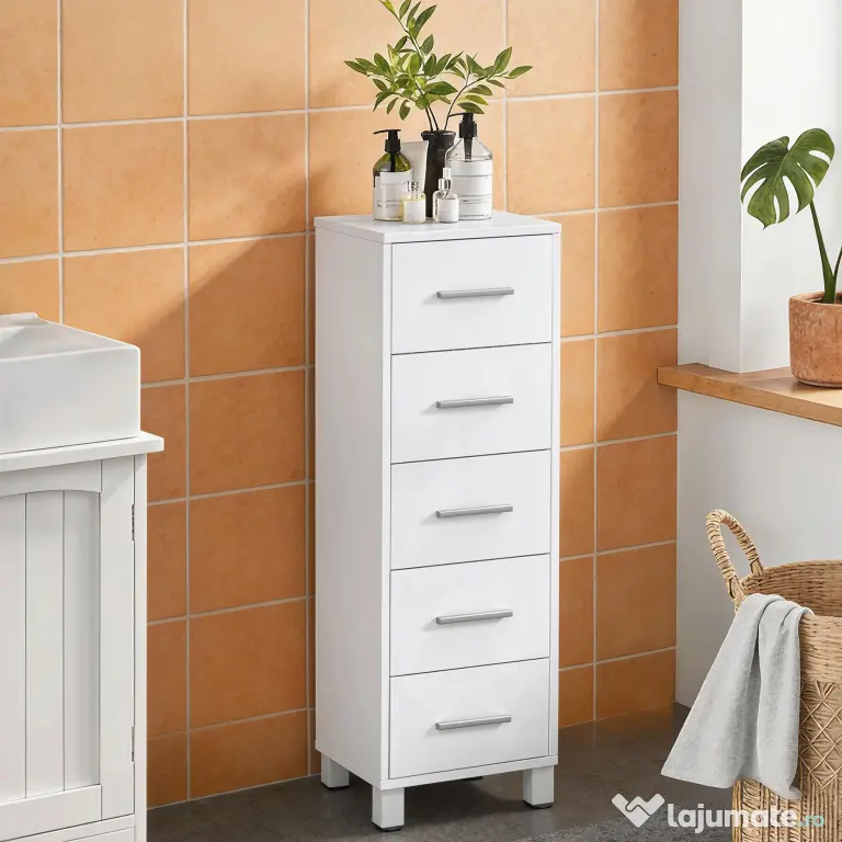 HOMCOM Comodă Slim cu 5 Sertare, Comodă Modernă pentru Baie, Dormitor sau Bucătărie, 30x30x95 cm, Alb | Aosom Romania