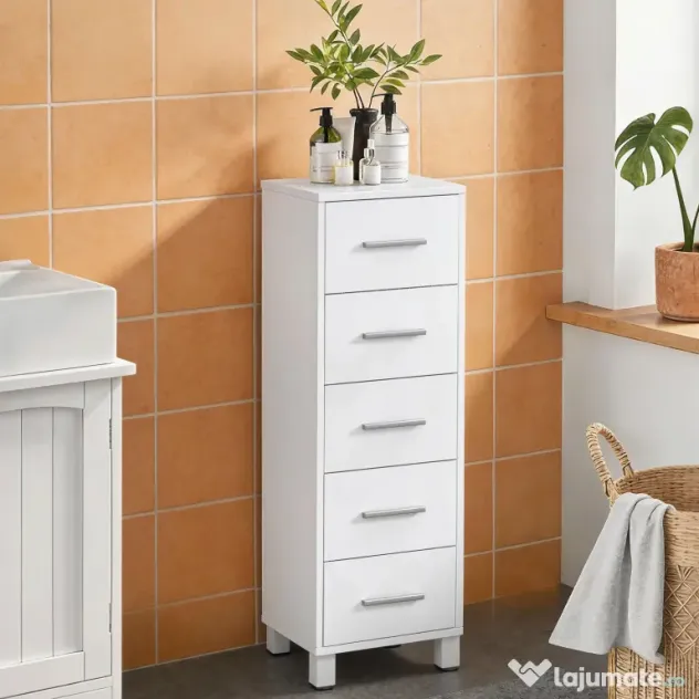 HOMCOM Comodă Slim cu 5 Sertare, Comodă Modernă pentru Baie, Dormitor sau Bucătărie, 30x30x95 cm, Alb | Aosom Romania
