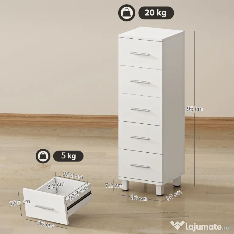 HOMCOM Comodă Slim cu 5 Sertare, Comodă Modernă pentru Baie, Dormitor sau Bucătărie, 30x30x95 cm, Alb | Aosom Romania