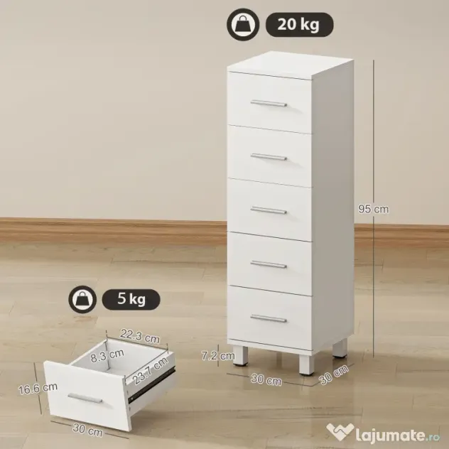 HOMCOM Comodă Slim cu 5 Sertare, Comodă Modernă pentru Baie, Dormitor sau Bucătărie, 30x30x95 cm, Alb | Aosom Romania