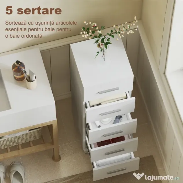 HOMCOM Comodă Slim cu 5 Sertare, Comodă Modernă pentru Baie, Dormitor sau Bucătărie, 30x30x95 cm, Alb | Aosom Romania