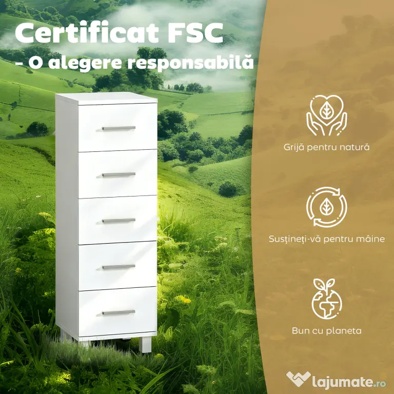 HOMCOM Comodă Slim cu 5 Sertare, Comodă Modernă pentru Baie, Dormitor sau Bucătărie, 30x30x95 cm, Alb | Aosom Romania