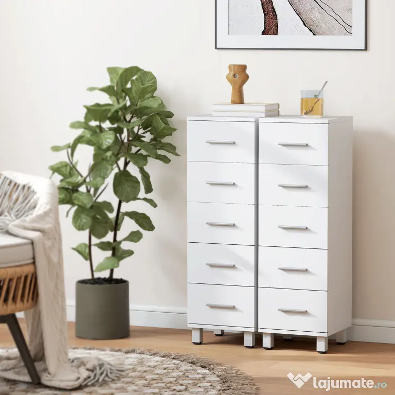 HOMCOM Comodă Slim cu 5 Sertare, Comodă Modernă pentru Baie, Dormitor sau Bucătărie, 30x30x95 cm, Alb | Aosom Romania