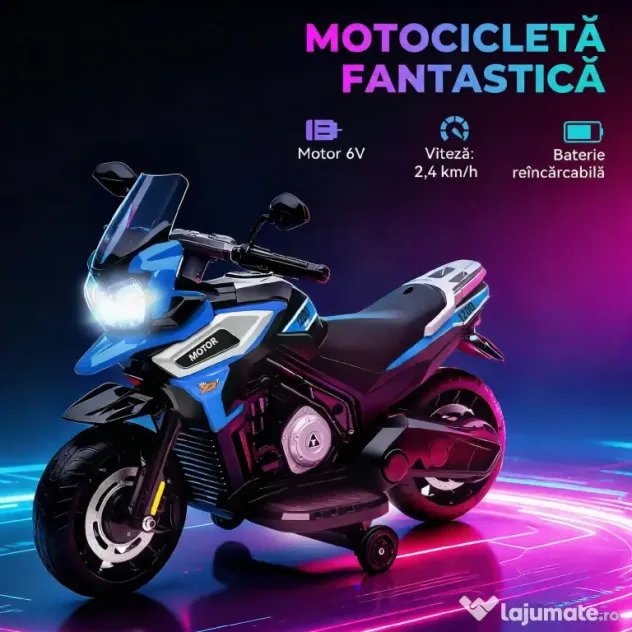 AIYAPLAY Motocicletă Electrică pentru Copii 18-36 Luni, 6V Motocicletă Electrică pentru Copii cu Roți Detașabile, Faruri, Muzică, 2.4 km/h Mini Motocicletă cu Far, Max 30kg, Albastru | Aosom Romania