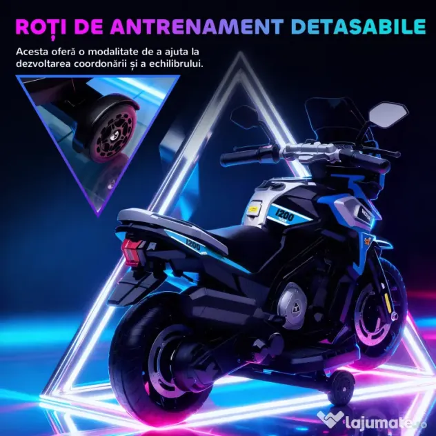 AIYAPLAY Motocicletă Electrică pentru Copii 18-36 Luni, 6V Motocicletă Electrică pentru Copii cu Roți Detașabile, Faruri, Muzică, 2.4 km/h Mini Motocicletă cu Far, Max 30kg, Albastru | Aosom Romania