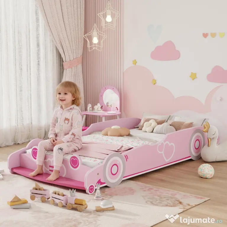 AIYAPLAY Pat pentru Copii de 3-5 Ani în Formă de Mașină cu Margini Ridicate de Siguranță, 140x70 cm, Roz | Aosom Romania