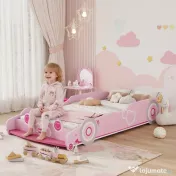 AIYAPLAY Pat pentru Copii de 3-5 Ani în Formă de Mașină cu Margini Ridicate de Siguranță, 140x70 cm, Roz | Aosom Romania