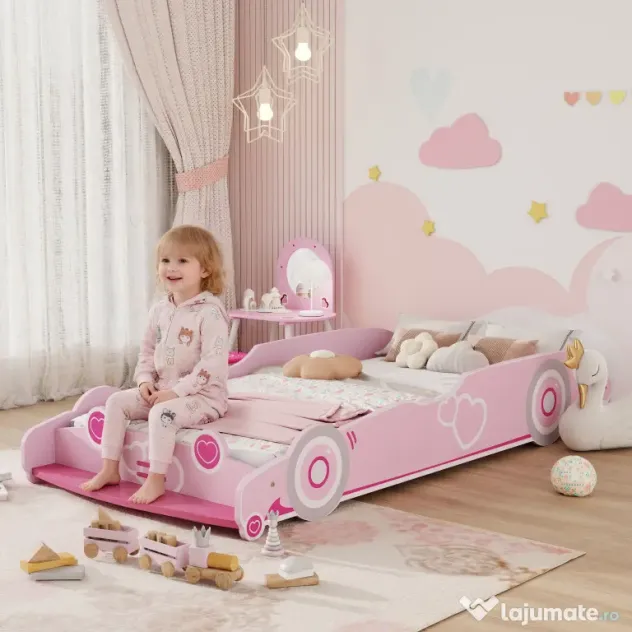 AIYAPLAY Pat pentru Copii de 3-5 Ani în Formă de Mașină cu Margini Ridicate de Siguranță, 140x70 cm, Roz | Aosom Romania
