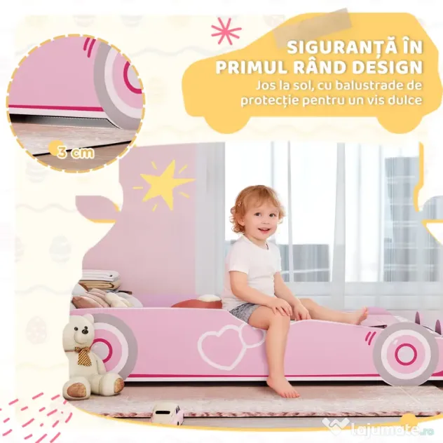 AIYAPLAY Pat pentru Copii de 3-5 Ani în Formă de Mașină cu Margini Ridicate de Siguranță, 140x70 cm, Roz | Aosom Romania