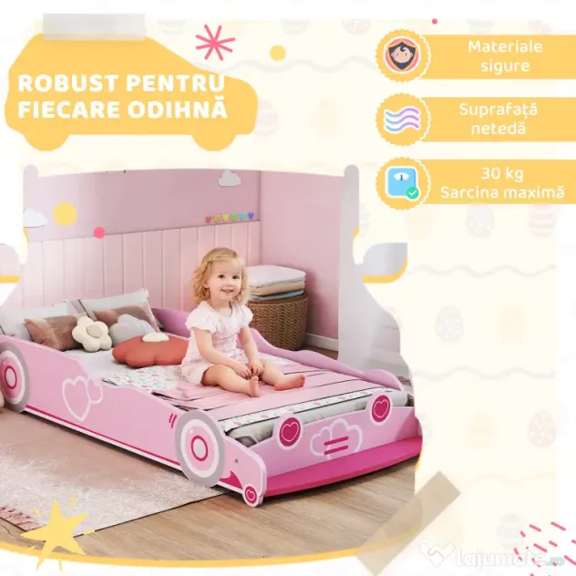 AIYAPLAY Pat pentru Copii de 3-5 Ani în Formă de Mașină cu Margini Ridicate de Siguranță, 140x70 cm, Roz | Aosom Romania
