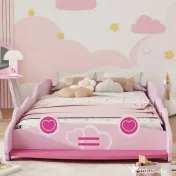 AIYAPLAY Pat pentru Copii de 3-5 Ani în Formă de Mașină cu Margini Ridicate de Siguranță, 140x70 cm, Roz | Aosom Romania