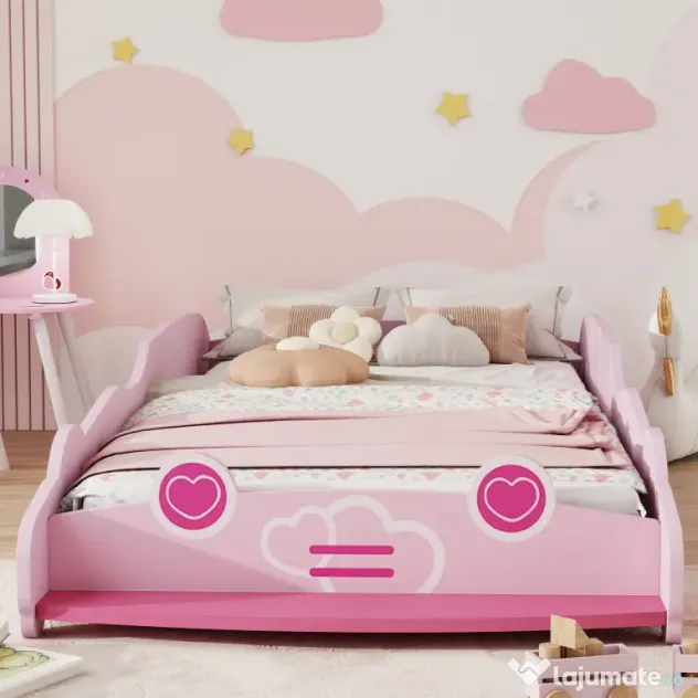 AIYAPLAY Pat pentru Copii de 3-5 Ani în Formă de Mașină cu Margini Ridicate de Siguranță, 140x70 cm, Roz | Aosom Romania