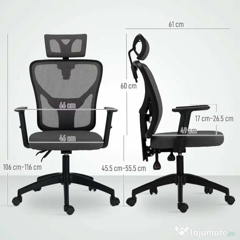 Vinsetto Scaun de Birou cu Inaltime Reglabila, 66x61x106-116cm, Gri Închis | Aosom Romania