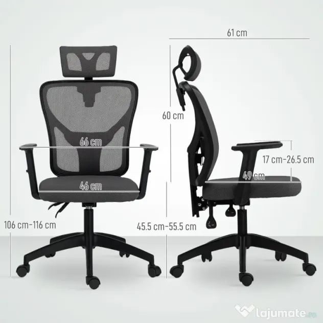 Vinsetto Scaun de Birou cu Inaltime Reglabila, 66x61x106-116cm, Gri Închis | Aosom Romania