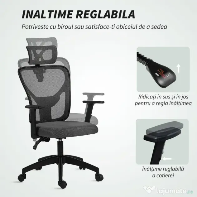 Vinsetto Scaun de Birou cu Inaltime Reglabila, 66x61x106-116cm, Gri Închis | Aosom Romania