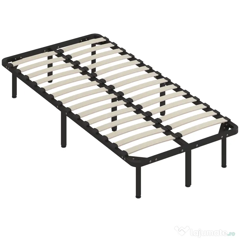 HOMCOM Cadru de Pat Industrial cu 28 de Lamele și Spațiu de Depozitare, din Lemn și Oțel, 190x90x31 cm, Negru și Lemn | Aosom Romania