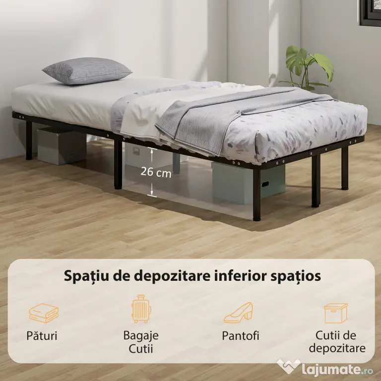 HOMCOM Cadru de Pat Industrial cu 28 de Lamele și Spațiu de Depozitare, din Lemn și Oțel, 190x90x31 cm, Negru și Lemn | Aosom Romania