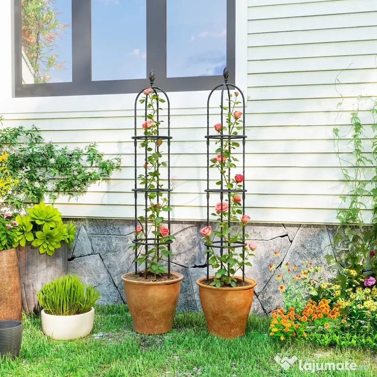 Outsunny Set 2 Suporturi pentru Plante Cățărătoare, Înălțime 1,7 m, din Oțel Antirugină cu Decorațiuni, Negru