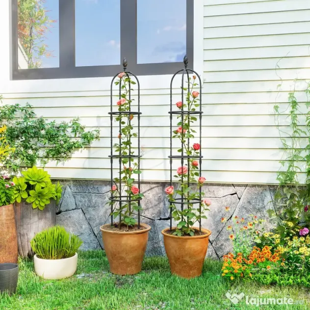 Outsunny Set 2 Suporturi pentru Plante Cățărătoare, Înălțime 1,7 m, din Oțel Antirugină cu Decorațiuni, Negru