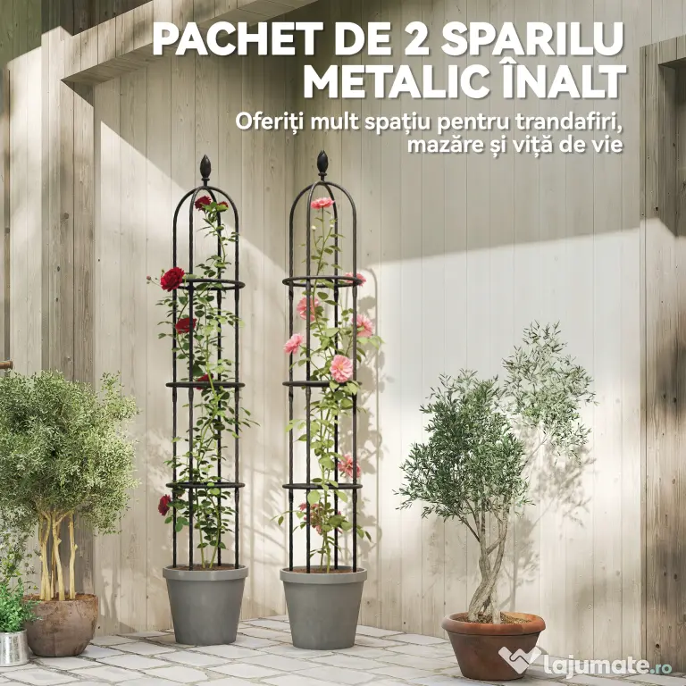 Outsunny Set 2 Suporturi pentru Plante Cățărătoare, Înălțime 1,7 m, din Oțel Antirugină cu Decorațiuni, Negru