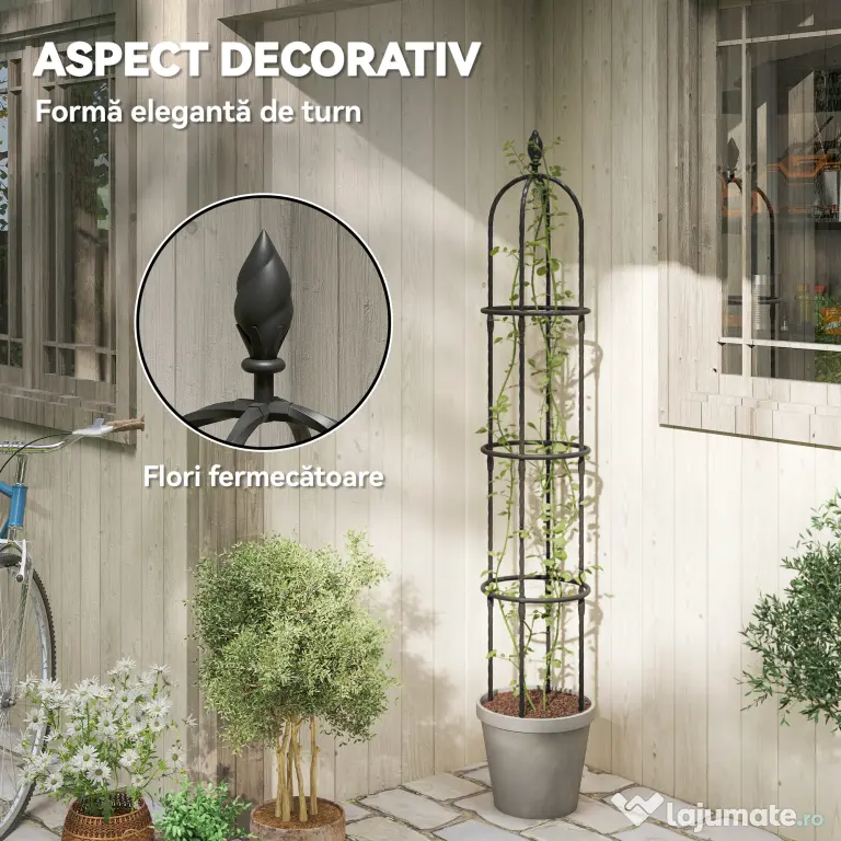 Outsunny Set 2 Suporturi pentru Plante Cățărătoare, Înălțime 1,7 m, din Oțel Antirugină cu Decorațiuni, Negru