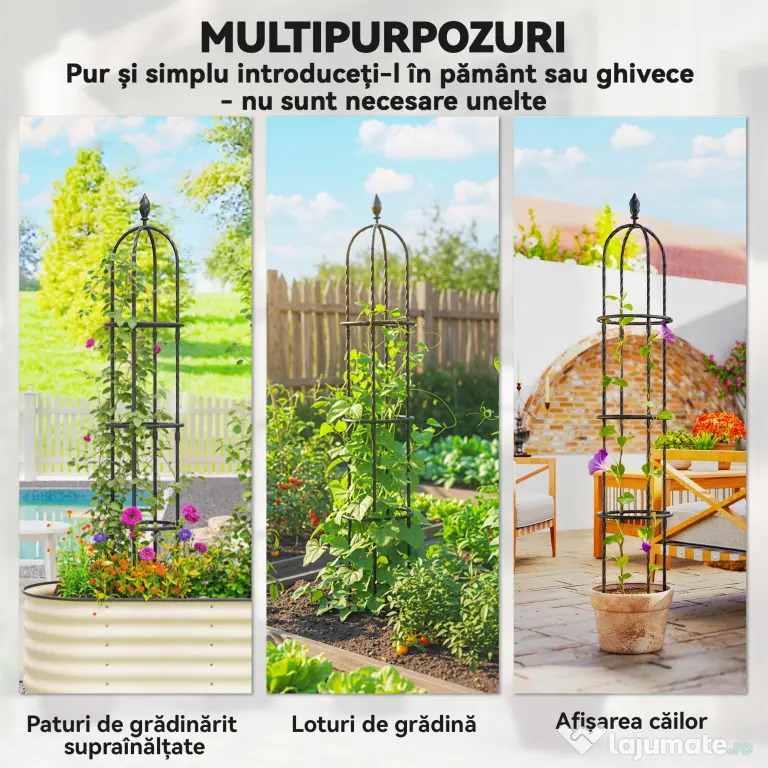 Outsunny Set 2 Suporturi pentru Plante Cățărătoare, Înălțime 1,7 m, din Oțel Antirugină cu Decorațiuni, Negru
