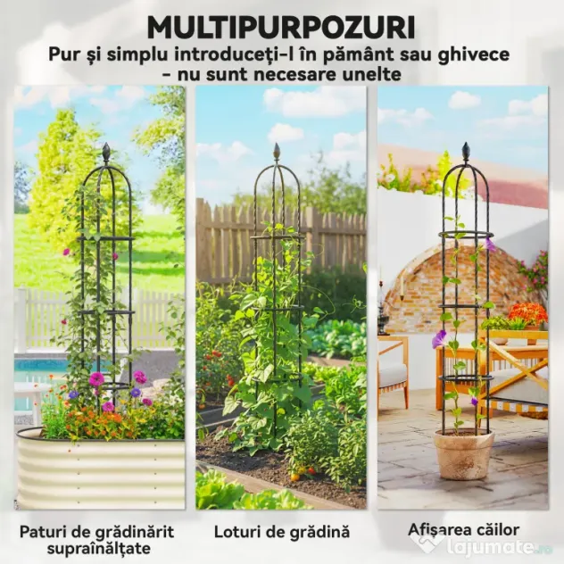Outsunny Set 2 Suporturi pentru Plante Cățărătoare, Înălțime 1,7 m, din Oțel Antirugină cu Decorațiuni, Negru