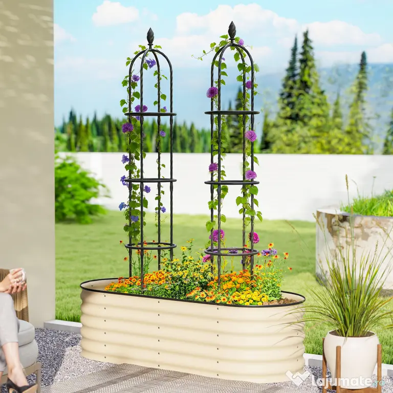 Outsunny Set 2 Suporturi pentru Plante Cățărătoare, Înălțime 1,7 m, din Oțel Antirugină cu Decorațiuni, Negru