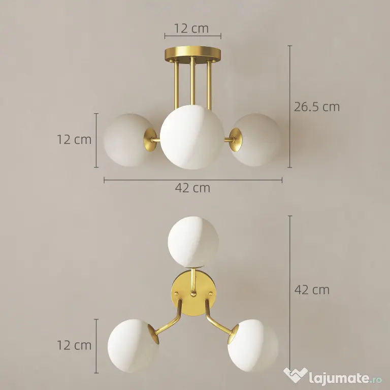 HOMCOM Candelabru de Tavan Vintage cu 3 Puncte de Lumină Socluri G9, 42x42x26.5 cm, Auriu