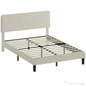 HOMCOM Cadru de Pat 140x200 cm cu Tăblie Tapițată Reglabilă pe Înălțime și Șipci, Catifea Canelată, Gri