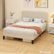 HOMCOM Cadru de Pat 140x200 cm cu Tăblie Tapițată Reglabilă pe Înălțime și Șipci, Catifea Canelată, Gri