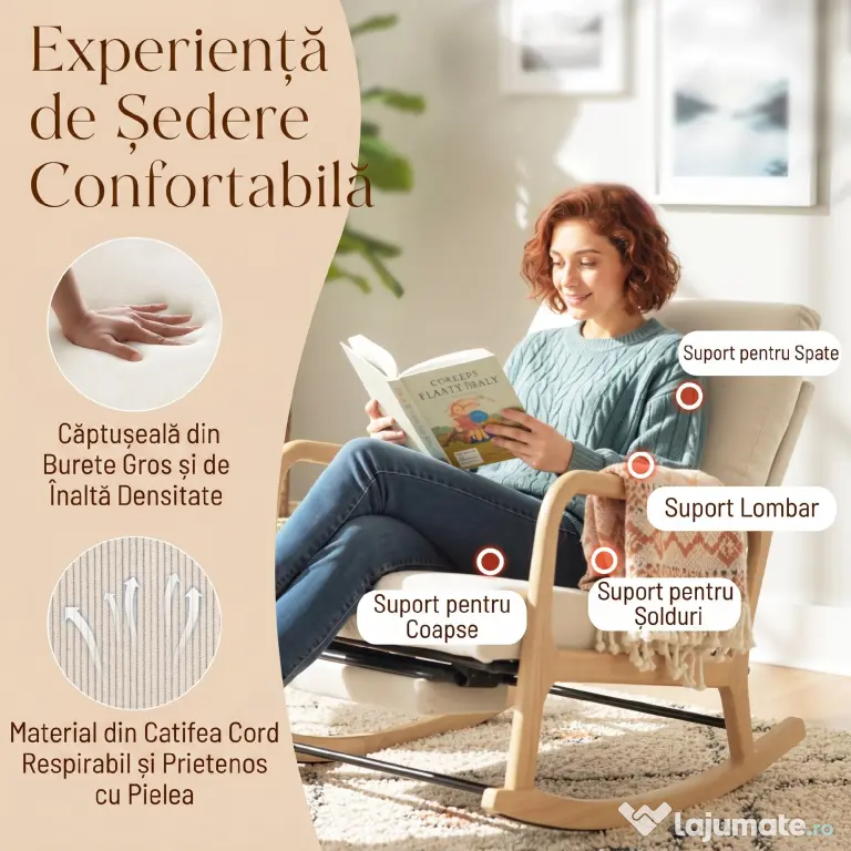 HOMCOM Balansoar din Catifea Fină cu Suport Picioare, Spătar Reclinabil, Stil Scandinav, Crem | Aosom Romania